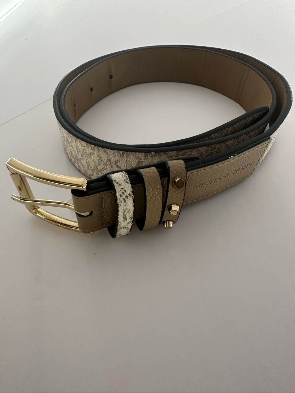 Michael Kors Vanilla MK Logo Belt Gold Buckle Womenβs Size Medium